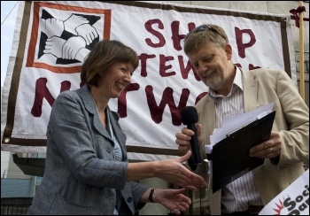 Dave Nellist handing NSSN petition to  Frances O�Grady at Congress House, 11 Sept 2011, photo Paul Mattsson